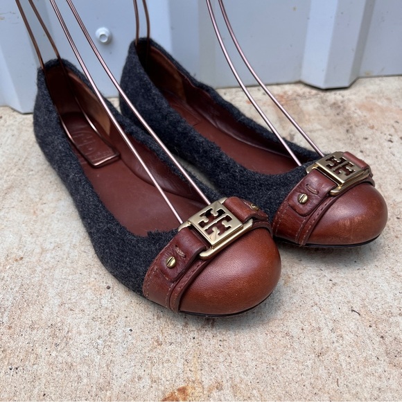 Tory Burch Flats Ambrose Wool Leather Navy Blue Gold Womens 7 - Picture 5 of 10